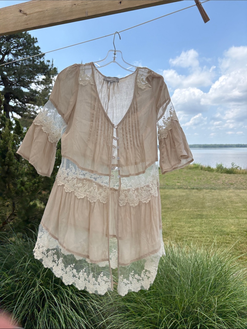 Solemio Sheer Beige Lace Tunic Top